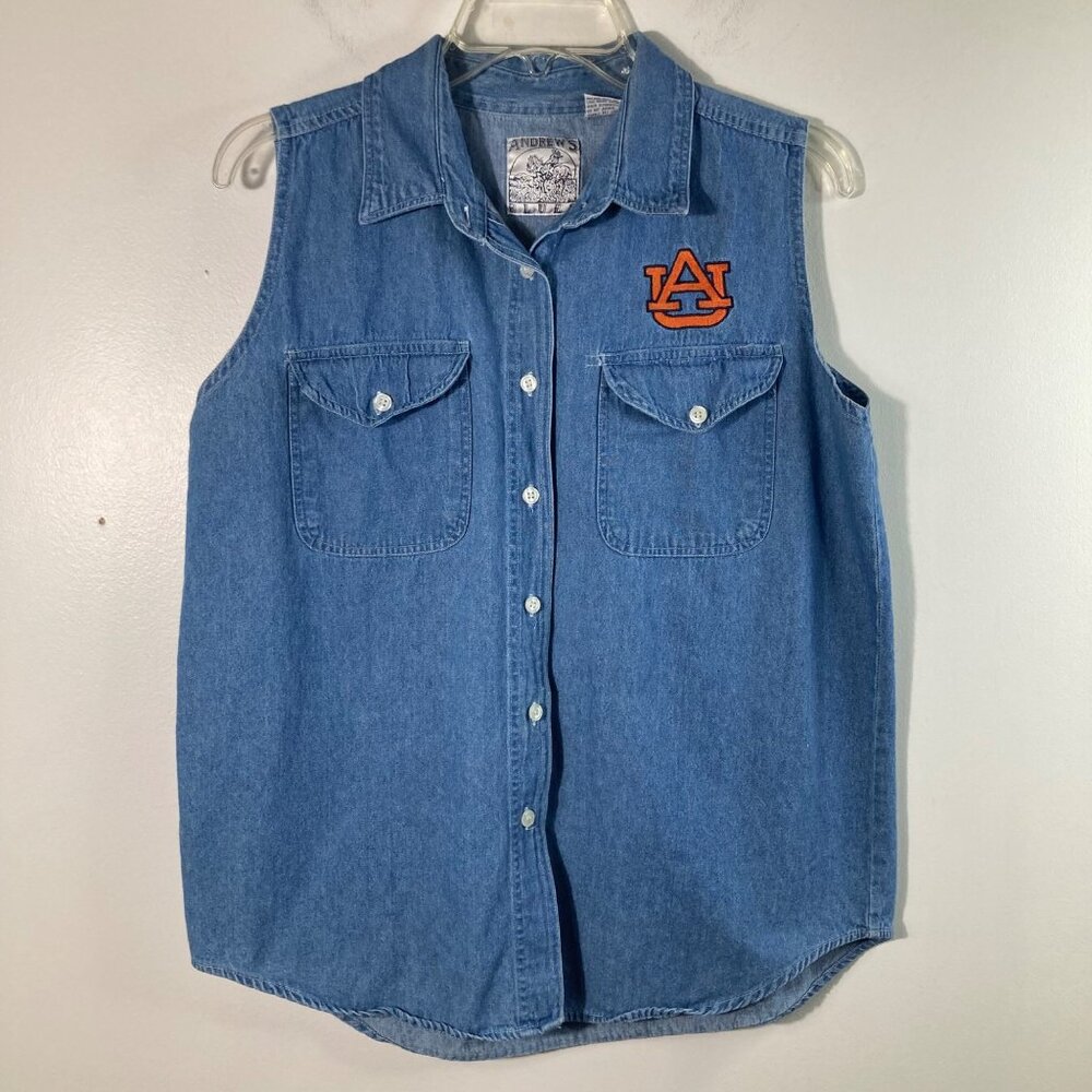 Womens Vintage Andrews Blues Sleeveless Denim Button Shirt Auburn Univ L Cotton‎